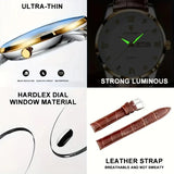 Herren-Armbanduhr extra flaches goldfarbenes Gehäuse mit braunem Leder-Armband.