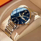 Herrenuhr Armbanduhr Stahl-Gold. Elegantes Design mit dunkelblauem Ziffernblatt