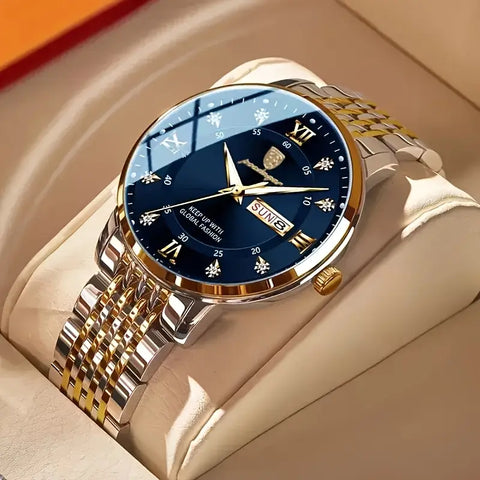 Herrenuhr Armbanduhr Stahl-Gold. Elegantes Design mit dunkelblauem Ziffernblatt