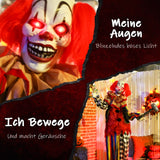 Animierte Halloween-Dekoration – Riesen-Clown mit Hammer, LED-Augen & Sound, 173 cm