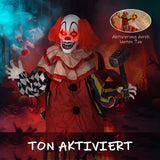 Animierte Halloween-Dekoration – Riesen-Clown mit Hammer, LED-Augen & Sound, 173 cm