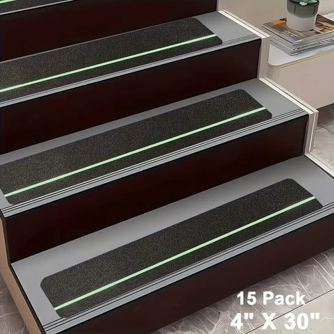 Lebensretter: 15 x Antirutsch-Streifen für Treppen 10x76 cm. 80er Körnung. Schwarz. Inklusive Leuchtstreifen für mehr Sicherheit.
