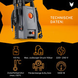 Hochdruckreiniger 110 BAR Arbeitsdruck, Fördermenge 390 l/h,1400 Watt Leistung, 5 m Hochdruckschlauch und -Pistole, 4.9 kg, inkl. Zubehör