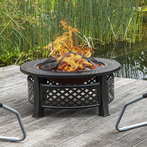 Feuerstelle rund mit Gitterdeckel mit Funkenschutz, Grillplatte & Schürhaken, 81cm
