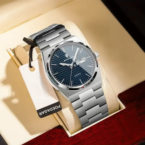 Elegante Herren-Armbanduhr, Stahlband mit blauem Ziffernblatt.