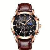 Herren-Armbanduhr goldfarbenes Gehäuse mit braunem Echtleder-Armband.