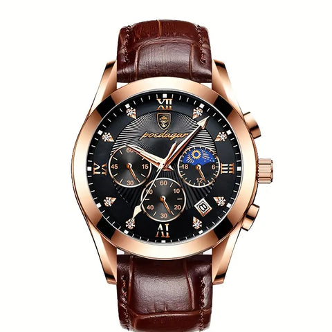 Herren-Armbanduhr goldfarbenes Gehäuse mit braunem Echtleder-Armband.