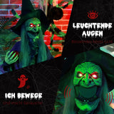 Lebensgroße Halloween-Hexe mit Giftapfel, Soundfunktion, mit Bewegungssensor und LED-Lichtern, 180 cm