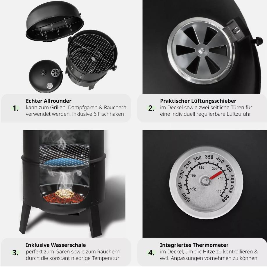BBQ 3in1 Holzkohlegrill Barbecue Rauchertonne Rauchergrill Grilltonne Poochy Couture