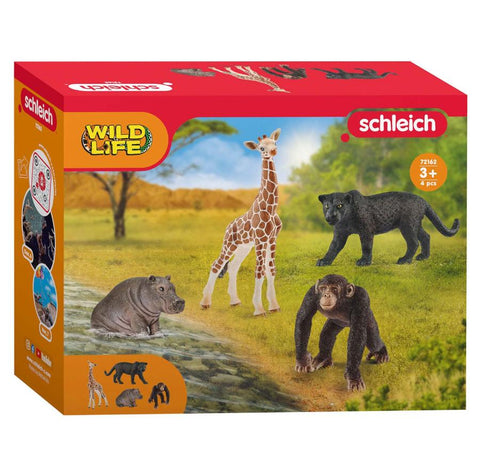 Schleich WILD LIFE Starter-Set 72162, ab 3 Jahren, Giraffe, Panther, Nilpferd, Affe
