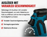 Sonderposten: Akku-Fuchsschwanz Säge 3000rpm mit 2 Akkus. Mit 4 Sägeblättern. Elektrische Reciprosäge (Säbelsäge)