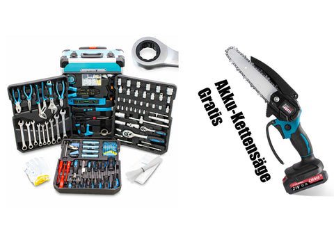 Werkzeugkoffertrolley 1200 Teile - mit den beliebten Gabel-Ringratschenschlüsseln. Plus Gratis: Mini-Kettensäge 4 und 6 Zoll