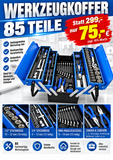 Sonderposten. Blauer 5-lagiger Vollmetall-Werkzeugkoffer: 85-teiliges Premium Werkzeugset in Klappkiste
