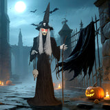 Animierte Halloween-Dekoration – Hexe mit Skull, LED-Augen, Sound & Bewegung, 170 cm