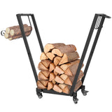Kaminholzständer Feuerholzgestell, trapezförmiges Design, pulverbeschichteter Metall, mobil mit Rollen, 79 x 30 x 81 cm, Schwarz
