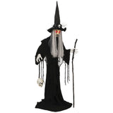 Animierte Halloween-Dekoration – Hexe mit Skull, LED-Augen, Sound & Bewegung, 170 cm