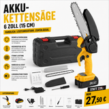 Sonderposten 27,50 Euro: Mini-Akku-Kettensäge 6 Zoll. Inkl. Li-Ion-Akku und Ladestation.