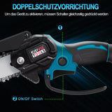 Sonderposten Plus: Akku-Kettensäge 4 und 6 Zoll. PLUS BAUSTRAHLER (Aufpreis 10,- €). Inkl. 2 Li-Ion-Akkus und Ladestation.