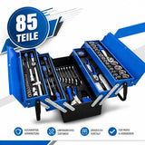 Sonderposten. Blauer 5-lagiger Vollmetall-Werkzeugkoffer: 85-teiliges Premium Werkzeugset in Klappkiste