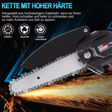 Schwarze Mini-Akku-Kettensäge 4 und 6 Zoll. (2 Ketten-Längen). Inkl. 2 Li-Ion-Akkus und Ladestation.