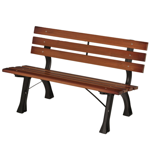 Parkbank mit Rückenlehne. 150 cm Breite. Dunkles Holz. 2-Sitzer. Im typischen Parkbank-Look. Lamellen.