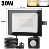 Neues LED Sicherheit Flutlicht Strahler mit Bewegungsmelder (Sensor) und Stecker zum direkten Anschließen. Lichtfarbe helles weiß. 30-100 Watt