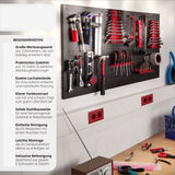 Werkzeugwand Metall 120 × 60 cm. Lochwand mit 25 Haken und Halterungen.