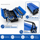 Sonderposten. Blauer 5-lagiger Vollmetall-Werkzeugkoffer: 85-teiliges Premium Werkzeugset in Klappkiste