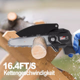 Schwarze Mini-Akku-Kettensäge 4 und 6 Zoll. (2 Ketten-Längen). Inkl. 2 Li-Ion-Akkus und Ladestation.