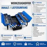 Sonderposten. Blauer 5-lagiger Vollmetall-Werkzeugkoffer: 85-teiliges Premium Werkzeugset in Klappkiste