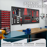 Werkzeugwand Metall 120 × 60 cm. Lochwand mit 25 Haken und Halterungen.