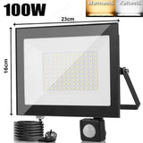 Neues LED Sicherheit Flutlicht Strahler mit Bewegungsmelder (Sensor) und Stecker zum direkten Anschließen. Lichtfarbe helles weiß. 30-100 Watt