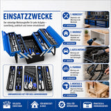 Sonderposten. Blauer 5-lagiger Vollmetall-Werkzeugkoffer: 85-teiliges Premium Werkzeugset in Klappkiste