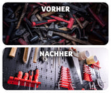 Werkzeugwand Metall 120 × 60 cm. Lochwand mit 25 Haken und Halterungen.