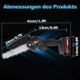 Schwarze Mini-Akku-Kettensäge 4 und 6 Zoll. (2 Ketten-Längen). Inkl. 2 Li-Ion-Akkus und Ladestation.
