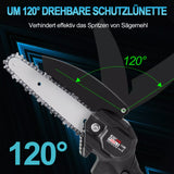 Schwarze Mini-Akku-Kettensäge 4 und 6 Zoll. (2 Ketten-Längen). Inkl. 2 Li-Ion-Akkus und Ladestation.