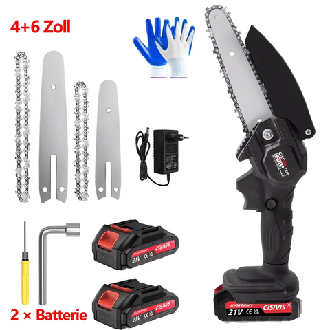 Schwarze Mini-Akku-Kettensäge 4 und 6 Zoll. (2 Ketten-Längen). Inkl. 2 Li-Ion-Akkus und Ladestation.