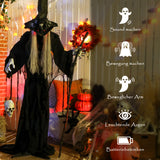 Animierte Halloween-Dekoration – Hexe mit Skull, LED-Augen, Sound & Bewegung, 170 cm