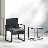 Rattan Bistroset, 3 teiliges Gartenmöbel-Set mit 2 Gartenstühlen und Tisch