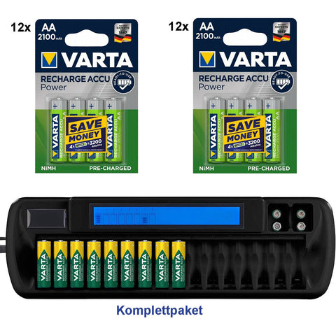 Komplettpaket: Akku-Ladegerät für 16 AA(A)-Akkus inklusive 24 Hochleistungsakkus: 12 x Varta AA-Akku und 12 x Varta AAA-Akku.