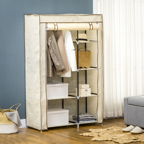 Stoffschrank, Faltschrank 1,62 Höhe, Kleiderschrank mit 2 Kleiderstangen, 6 Fächern, beige