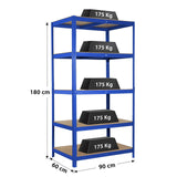 Schwerlastregale 180 x 90 x 60 cm 5 Böden - bis 875 kg - blau