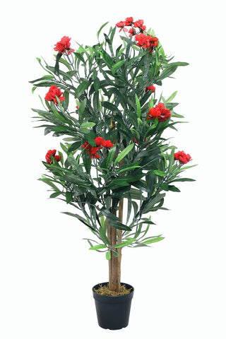 Künstlicher Oleanderbaum mit Blüten und Seidenblättern. 120 cm. Pflegefrei. Blüten: Rot