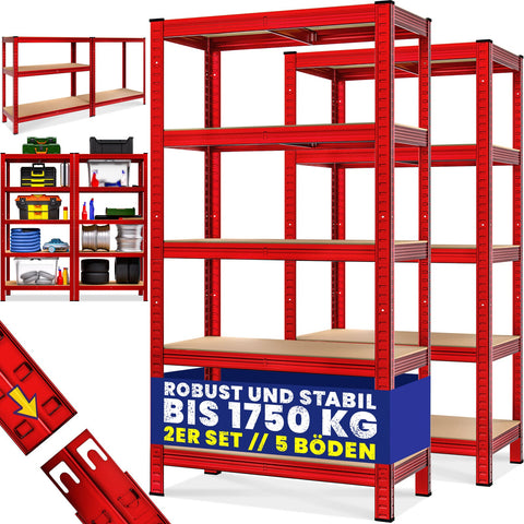 2er Set rote Schwerlastregale 180 x 90 x 40 cm jeweils bis 875 kg