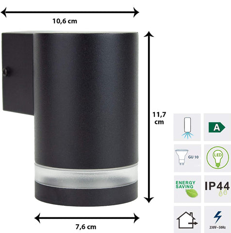 Aluminium Wandlampe schwarz, mit nach unten gerichtetem Lichtschein, IP44, GU10 Fassung, Wandleuchte rund Down Light Wand Lampe Außen Hof Einfahrt nach unten scheinend